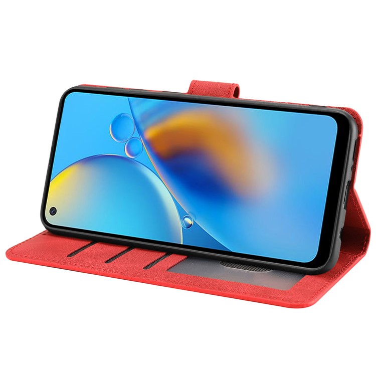 For Oppo A74 4G / F19 Shockproof Case Wallet Phone Shell Anti-Drop Leather Phone Cover with Strap - Red