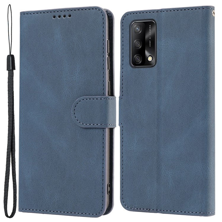 For Oppo A74 4G / F19 Shockproof Case Wallet Phone Shell Anti-Drop Leather Phone Cover with Strap - Blue