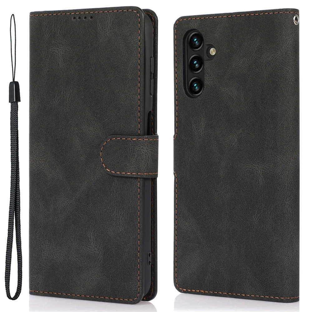 For Samsung Galaxy M14 5G Protective PU Leather Stand Phone Case Wallet Flip Cover with Strap - Black