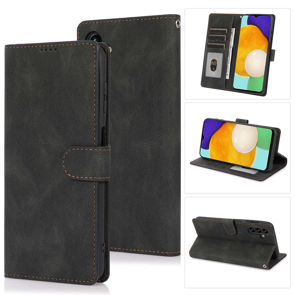 For Samsung Galaxy M14 5G Protective PU Leather Stand Phone Case Wallet Flip Cover with Strap - Black