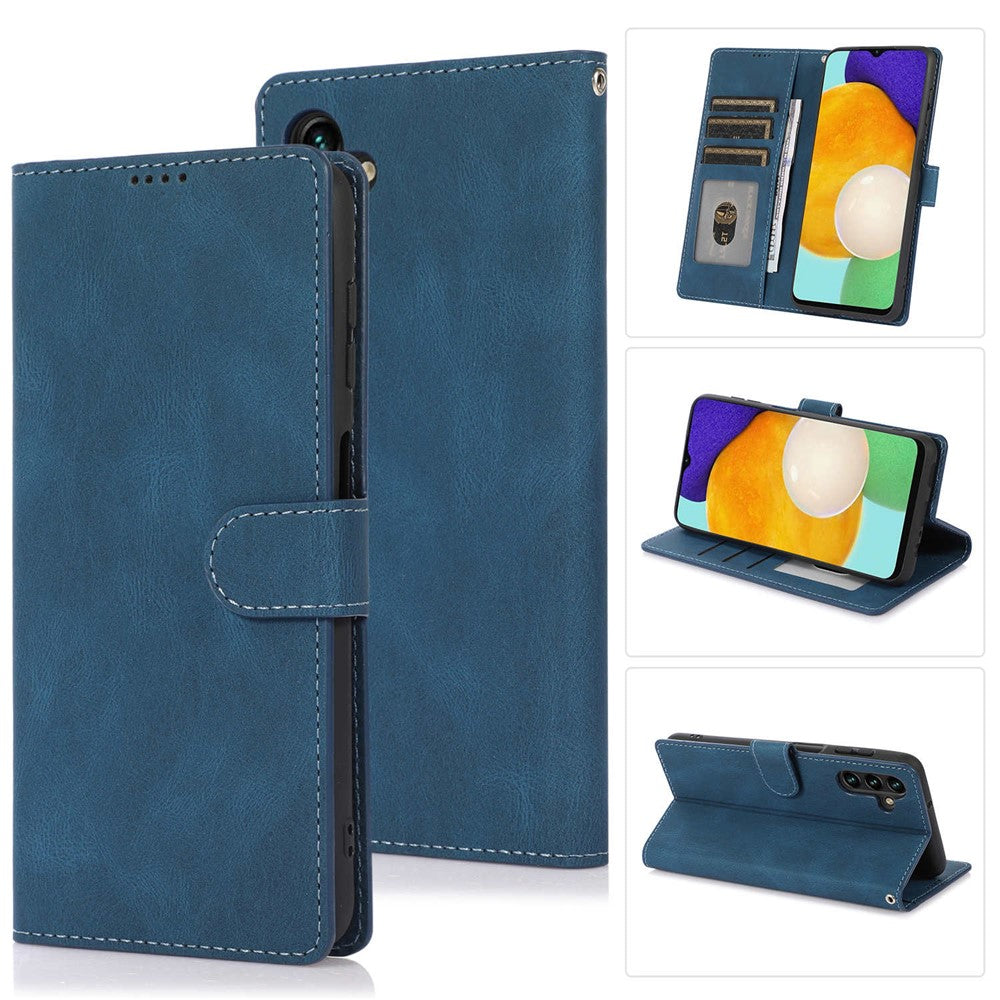 For Samsung Galaxy M14 5G Protective PU Leather Stand Phone Case Wallet Flip Cover with Strap - Blue