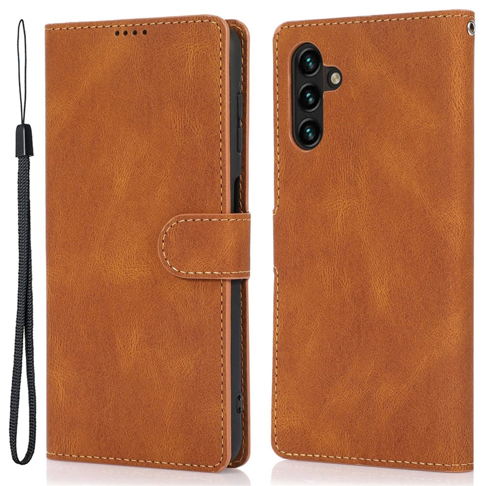 For Samsung Galaxy M14 5G Protective PU Leather Stand Phone Case Wallet Flip Cover with Strap - Brown