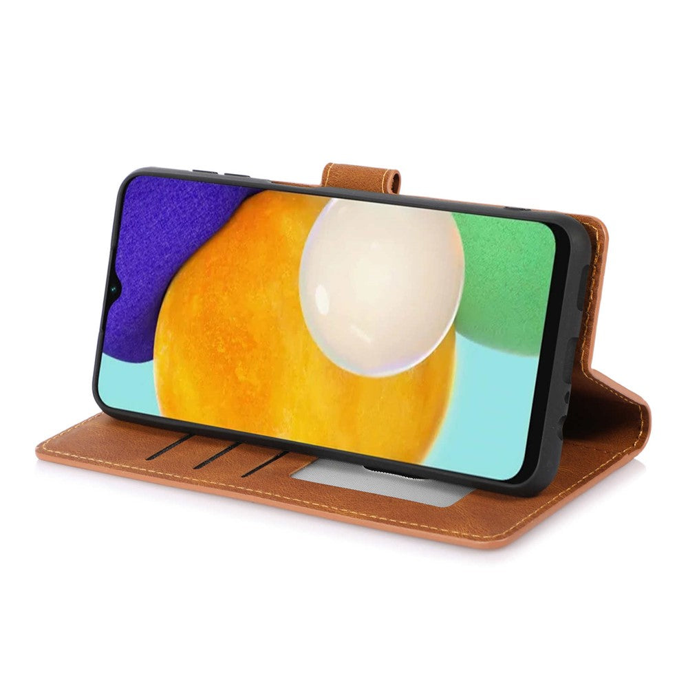For Samsung Galaxy M14 5G Protective PU Leather Stand Phone Case Wallet Flip Cover with Strap - Brown