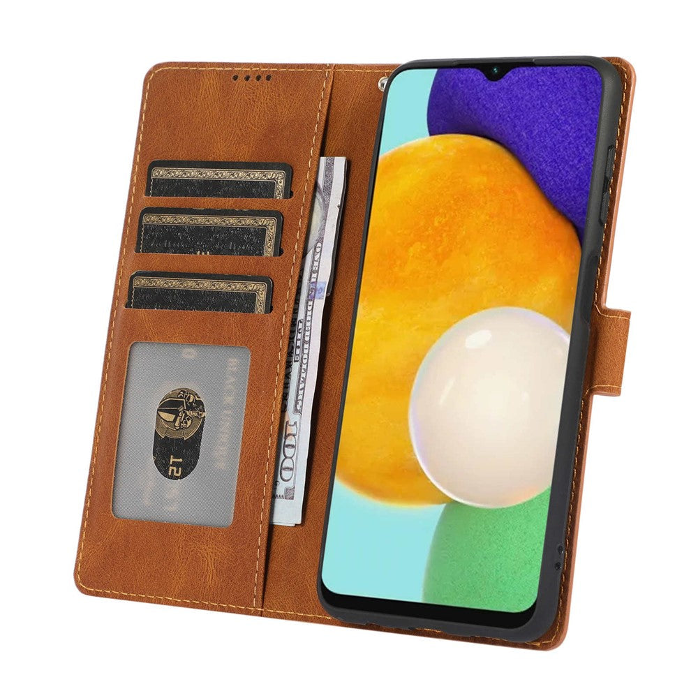 For Samsung Galaxy M14 5G Protective PU Leather Stand Phone Case Wallet Flip Cover with Strap - Brown