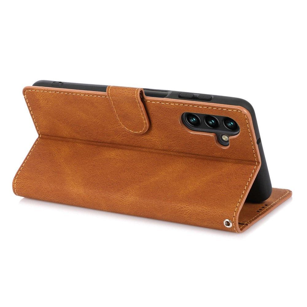 For Samsung Galaxy M14 5G Protective PU Leather Stand Phone Case Wallet Flip Cover with Strap - Brown