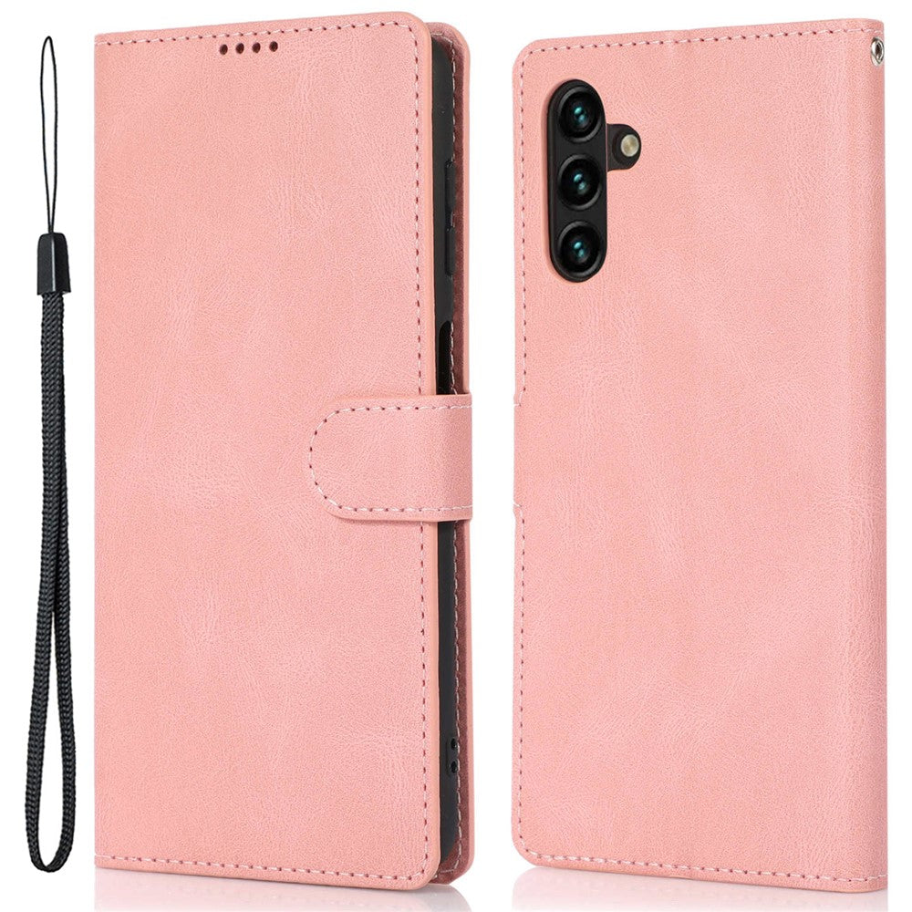 For Samsung Galaxy M14 5G Protective PU Leather Stand Phone Case Wallet Flip Cover with Strap - Pink