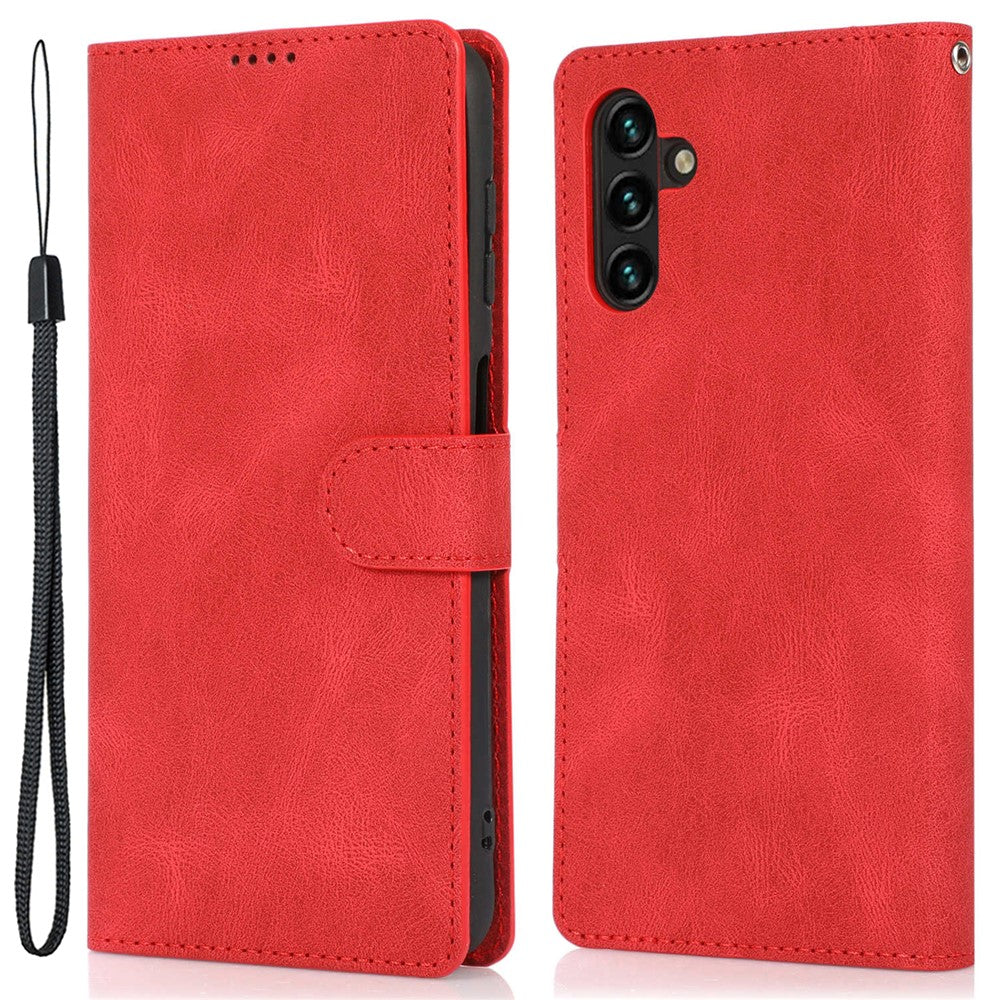 For Samsung Galaxy M14 5G Protective PU Leather Stand Phone Case Wallet Flip Cover with Strap - Red