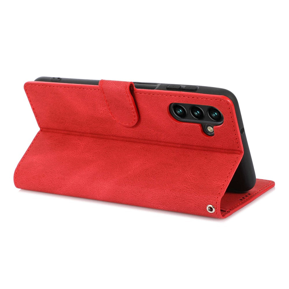 For Samsung Galaxy M14 5G Protective PU Leather Stand Phone Case Wallet Flip Cover with Strap - Red