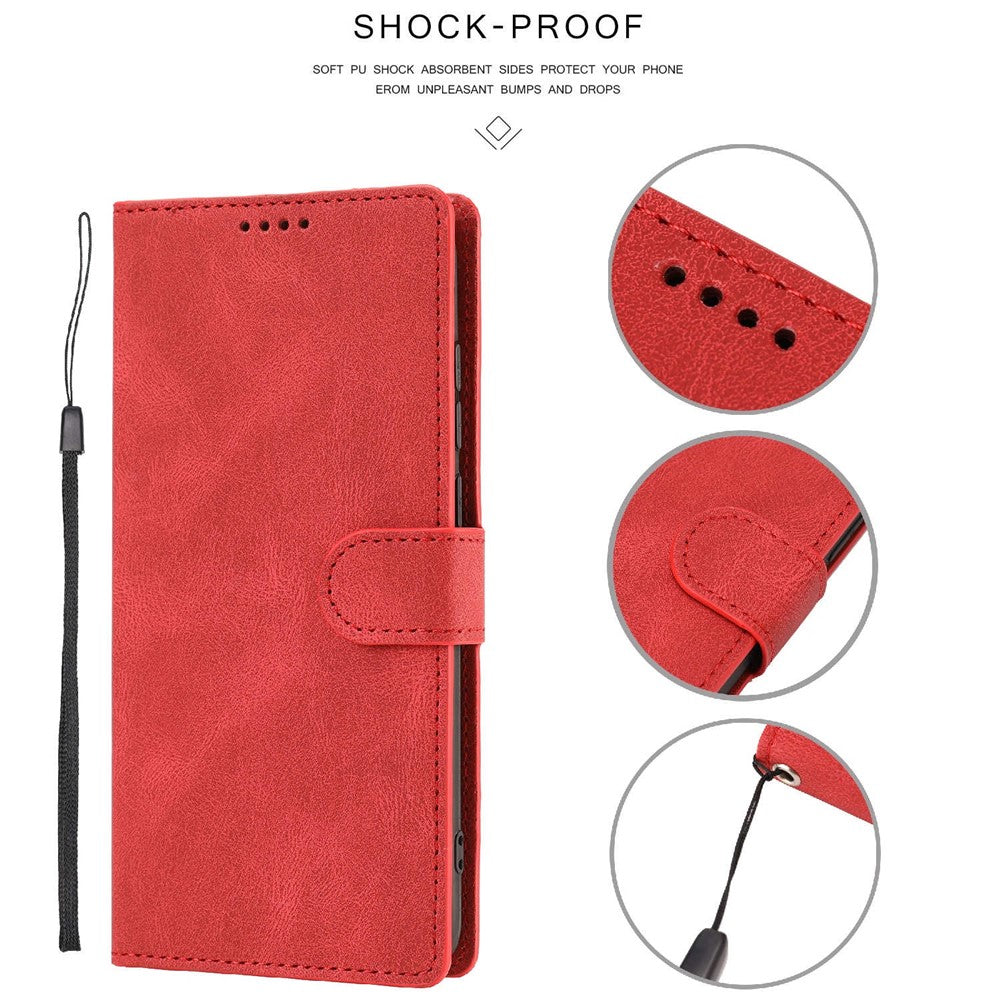 For Samsung Galaxy M14 5G Protective PU Leather Stand Phone Case Wallet Flip Cover with Strap - Red