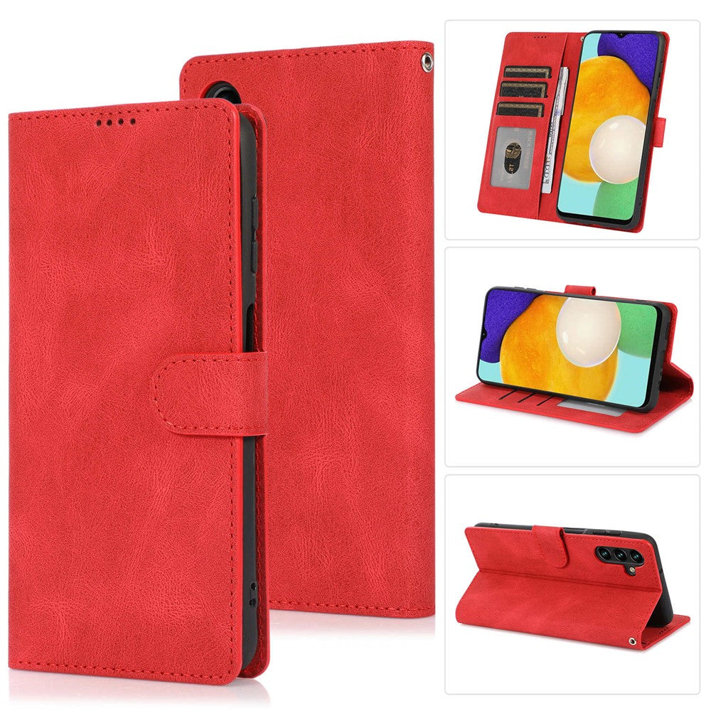 For Samsung Galaxy M14 5G Protective PU Leather Stand Phone Case Wallet Flip Cover with Strap - Red