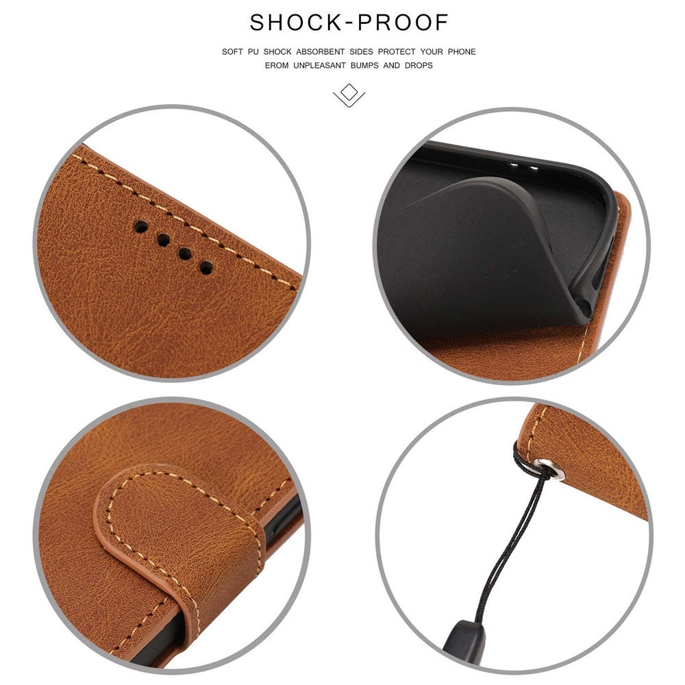 Stand Wallet Case for Samsung Galaxy M13 5G Drop Resistant PU Leather Phone Cover with Strap - Brown