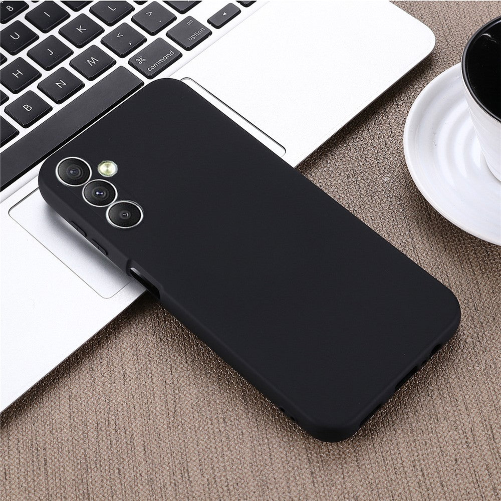 For Samsung Galaxy M14 5G Liquid Silicone Phone Case Soft Lining Shockproof Protective Cover with Strap - Black
