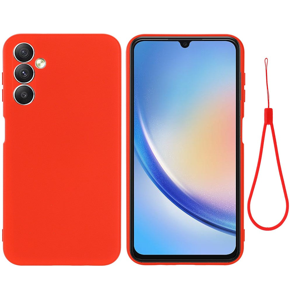 For Samsung Galaxy M14 5G Liquid Silicone Phone Case Soft Lining Shockproof Protective Cover with Strap - Red