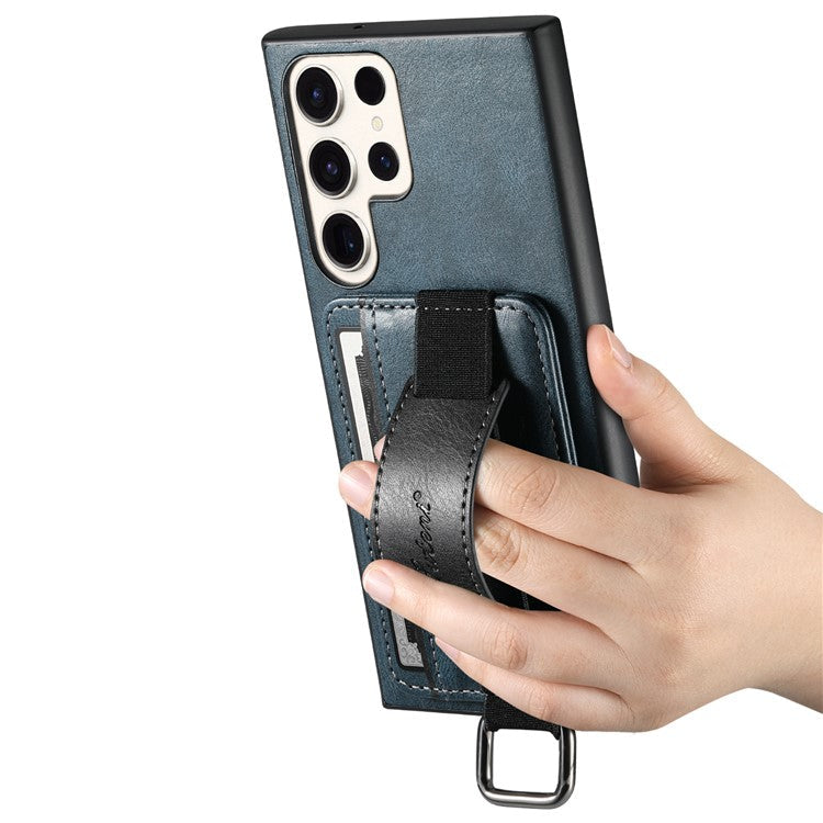 SUTENI H13 For Samsung Galaxy S22 Ultra 5G Card Holder Case Kickstand Leather Coated PC+TPU Phone Cover with Hand Strap - Blue