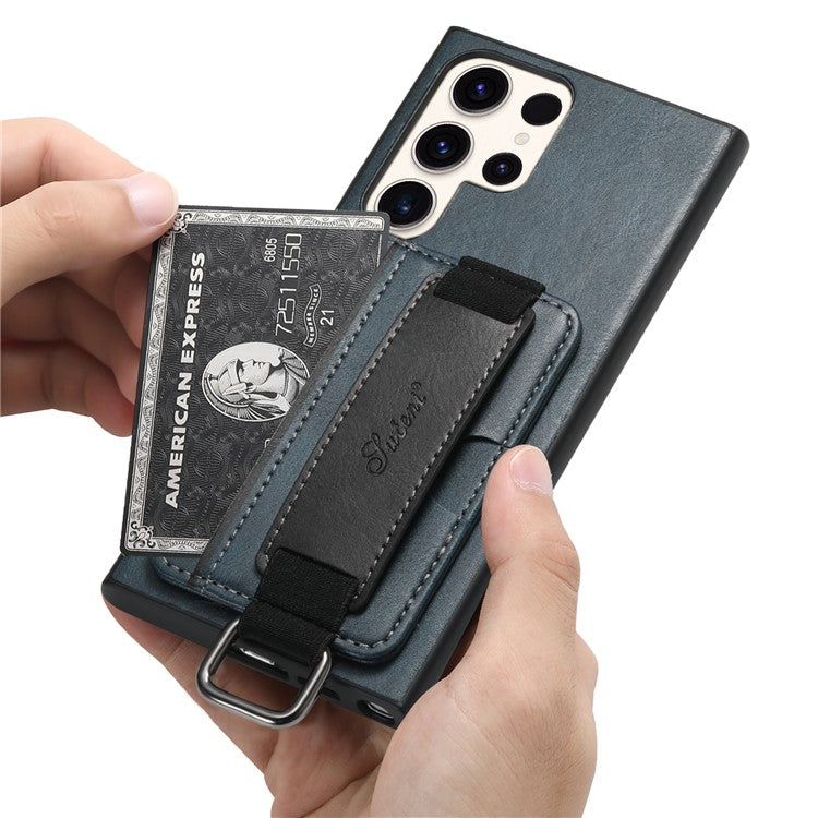 SUTENI H13 For Samsung Galaxy S22 Ultra 5G Card Holder Case Kickstand Leather Coated PC+TPU Phone Cover with Hand Strap - Blue