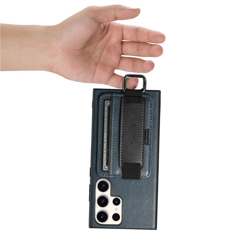 SUTENI H13 For Samsung Galaxy S22 Ultra 5G Card Holder Case Kickstand Leather Coated PC+TPU Phone Cover with Hand Strap - Blue