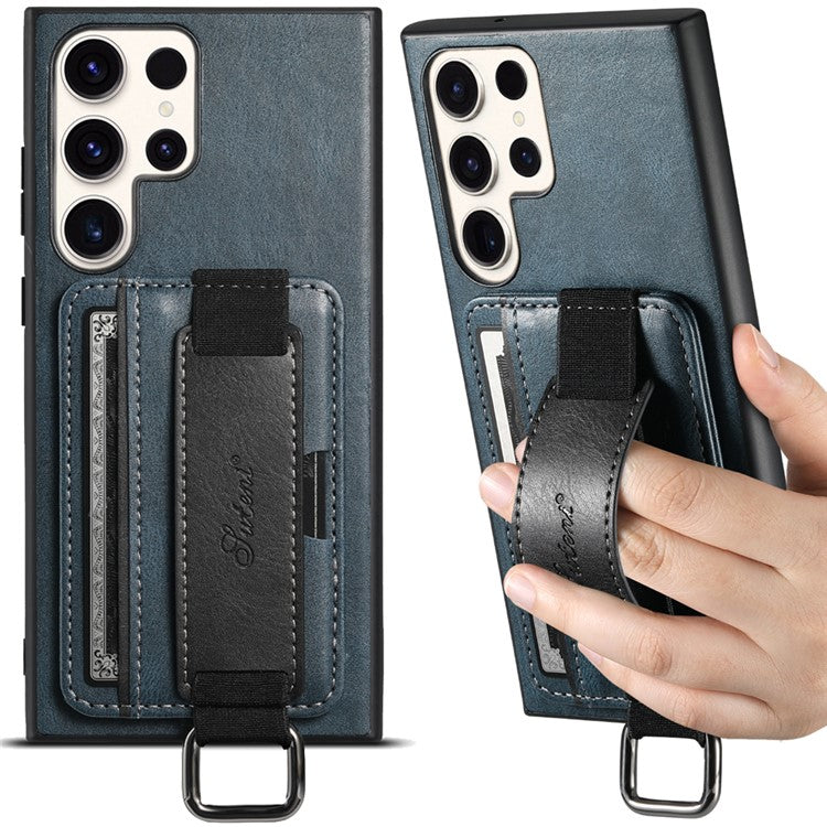 SUTENI H13 For Samsung Galaxy S22 Ultra 5G Card Holder Case Kickstand Leather Coated PC+TPU Phone Cover with Hand Strap - Blue
