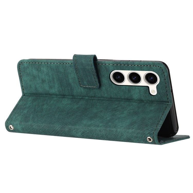 For Samsung Galaxy S23 PU Leather Wallet Folio Case Lines Imprinted Stand Phone Cover with Shoulder Strap - Green