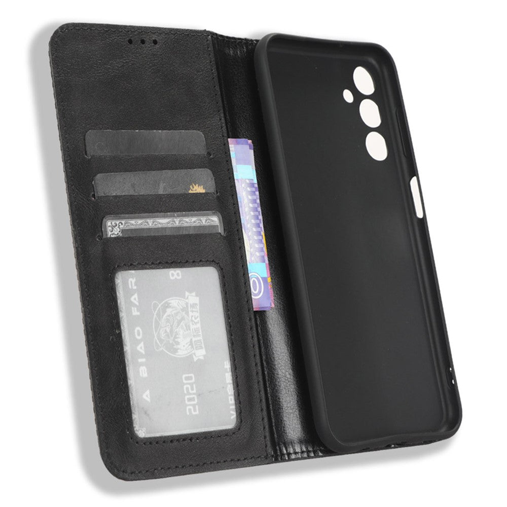 For Samsung Galaxy M14 5G Retro Phone Case PU Leather Phone Stand Wallet Protective Cover - Black