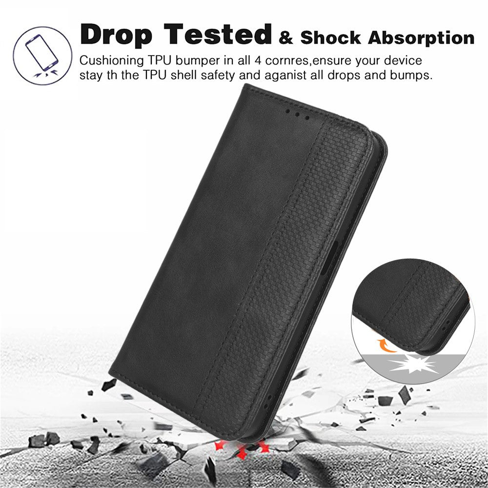 For Samsung Galaxy M14 5G Retro Phone Case PU Leather Phone Stand Wallet Protective Cover - Black