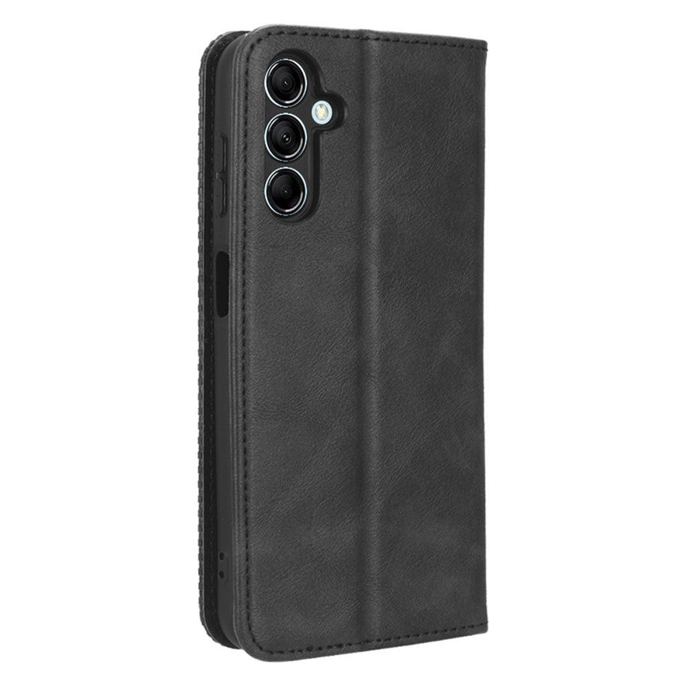 For Samsung Galaxy M14 5G Retro Phone Case PU Leather Phone Stand Wallet Protective Cover - Black