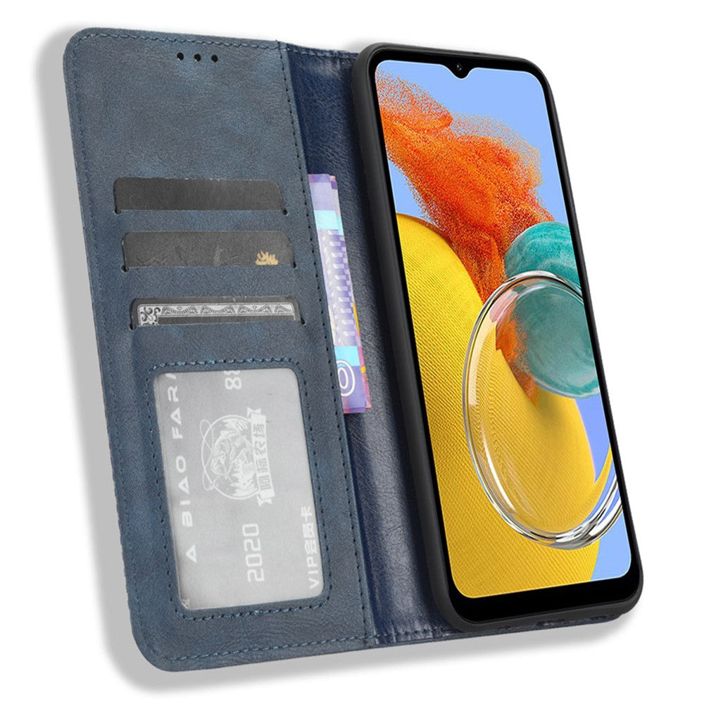 For Samsung Galaxy M14 5G Retro Phone Case PU Leather Phone Stand Wallet Protective Cover - Blue