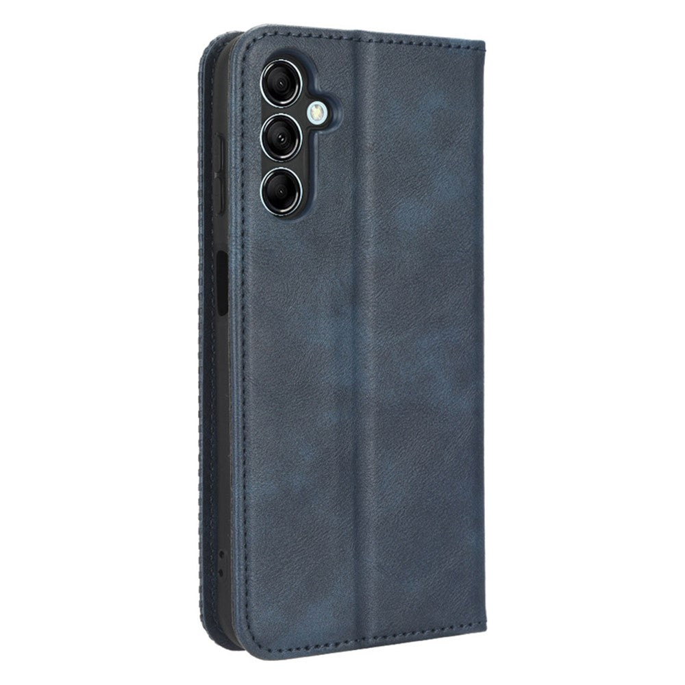 For Samsung Galaxy M14 5G Retro Phone Case PU Leather Phone Stand Wallet Protective Cover - Blue