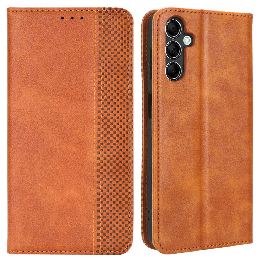 For Samsung Galaxy M14 5G Retro Phone Case PU Leather Phone Stand Wallet Protective Cover - Brown