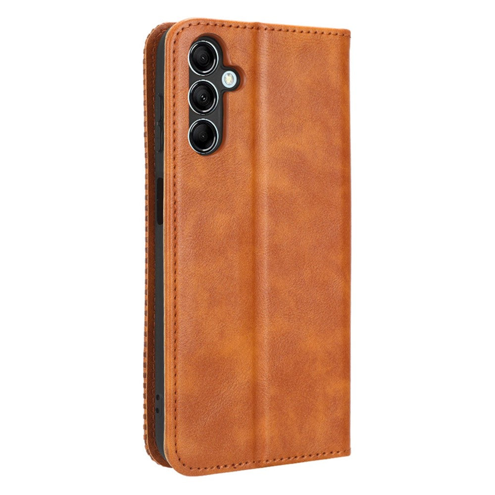 For Samsung Galaxy M14 5G Retro Phone Case PU Leather Phone Stand Wallet Protective Cover - Brown