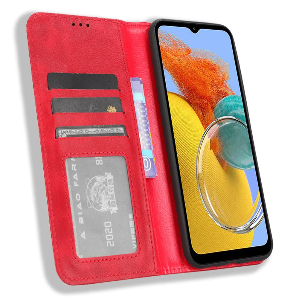 For Samsung Galaxy M14 5G Retro Phone Case PU Leather Phone Stand Wallet Protective Cover - Red