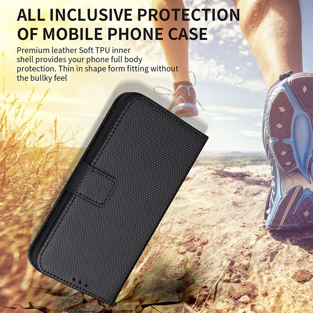 For Samsung Galaxy M14 5G Phone Leather Case Diamond Texture Stand Wallet Cell Phone Cover - Black