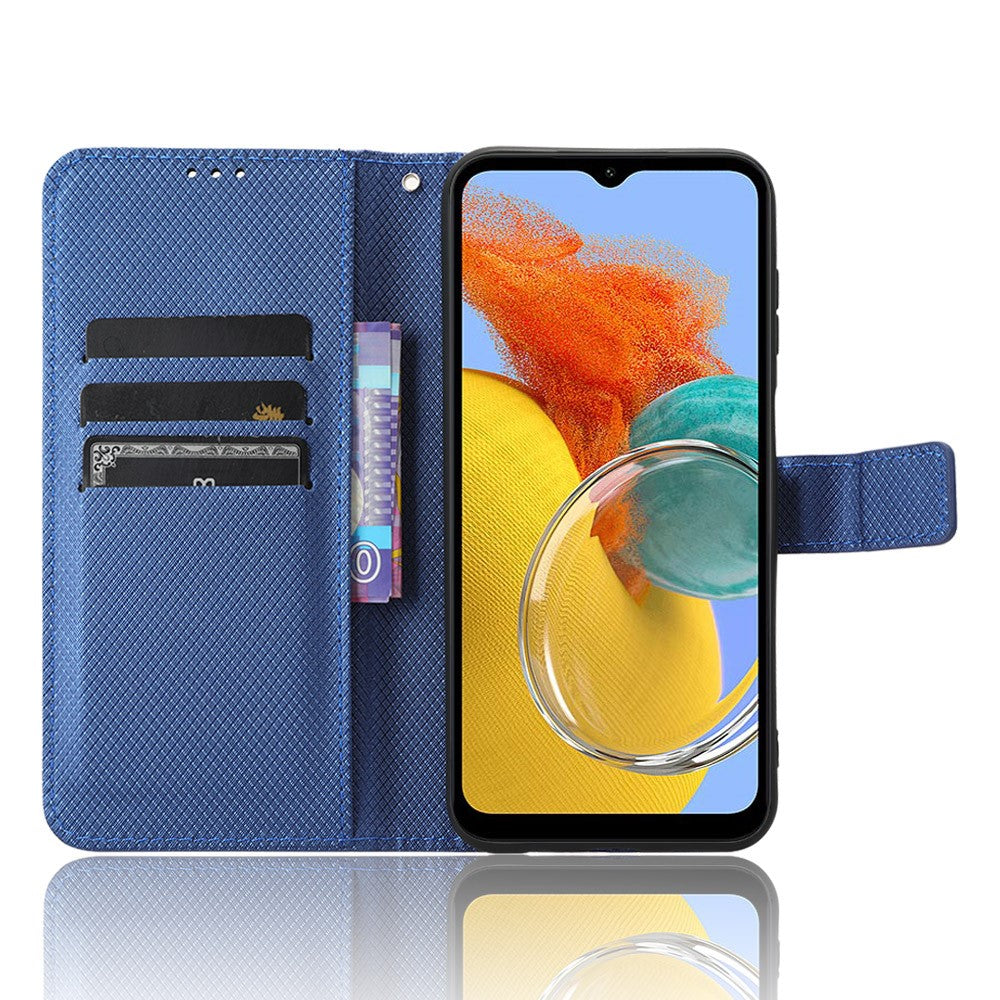 For Samsung Galaxy M14 5G Phone Leather Case Diamond Texture Stand Wallet Cell Phone Cover - Blue