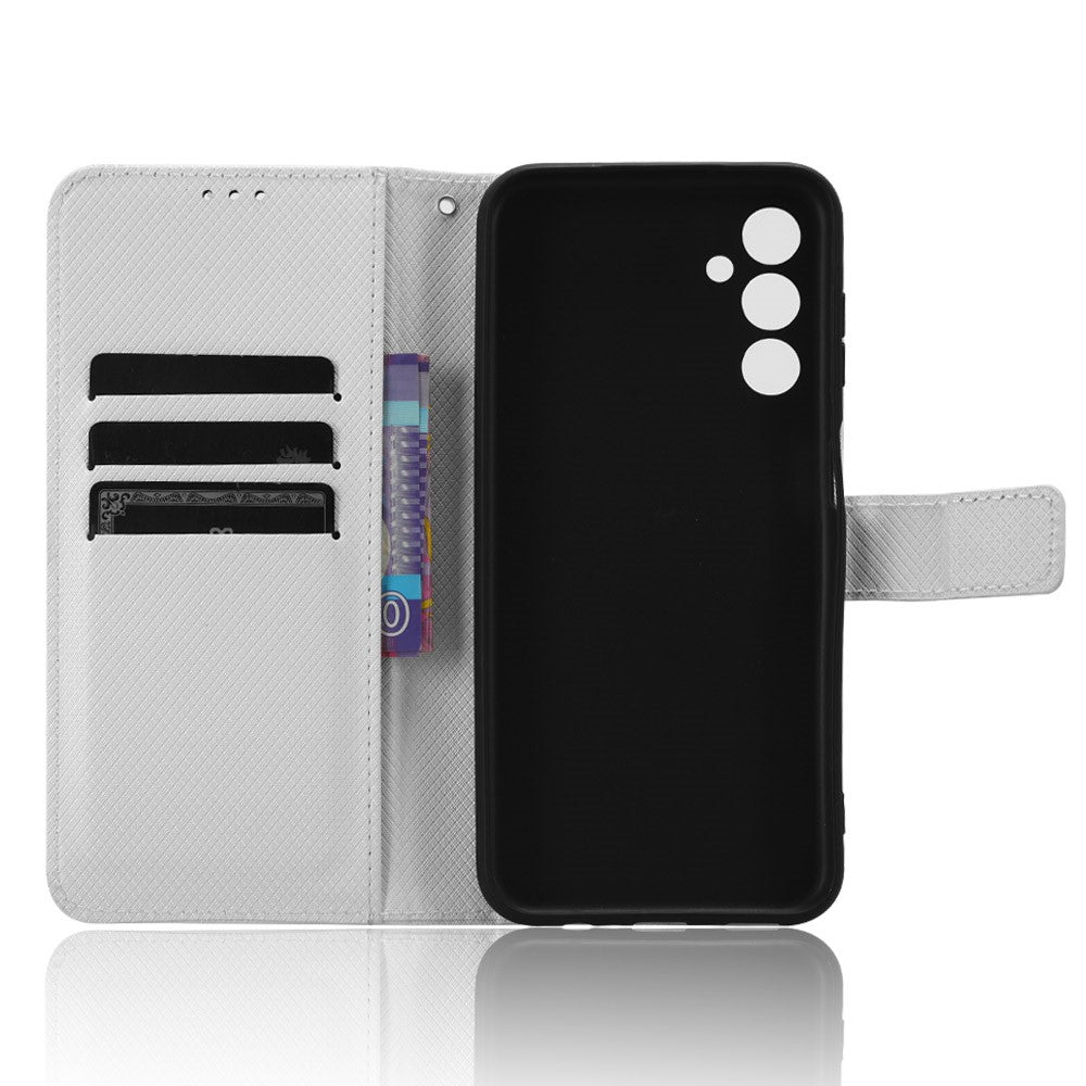 For Samsung Galaxy M14 5G Phone Leather Case Diamond Texture Stand Wallet Cell Phone Cover - White
