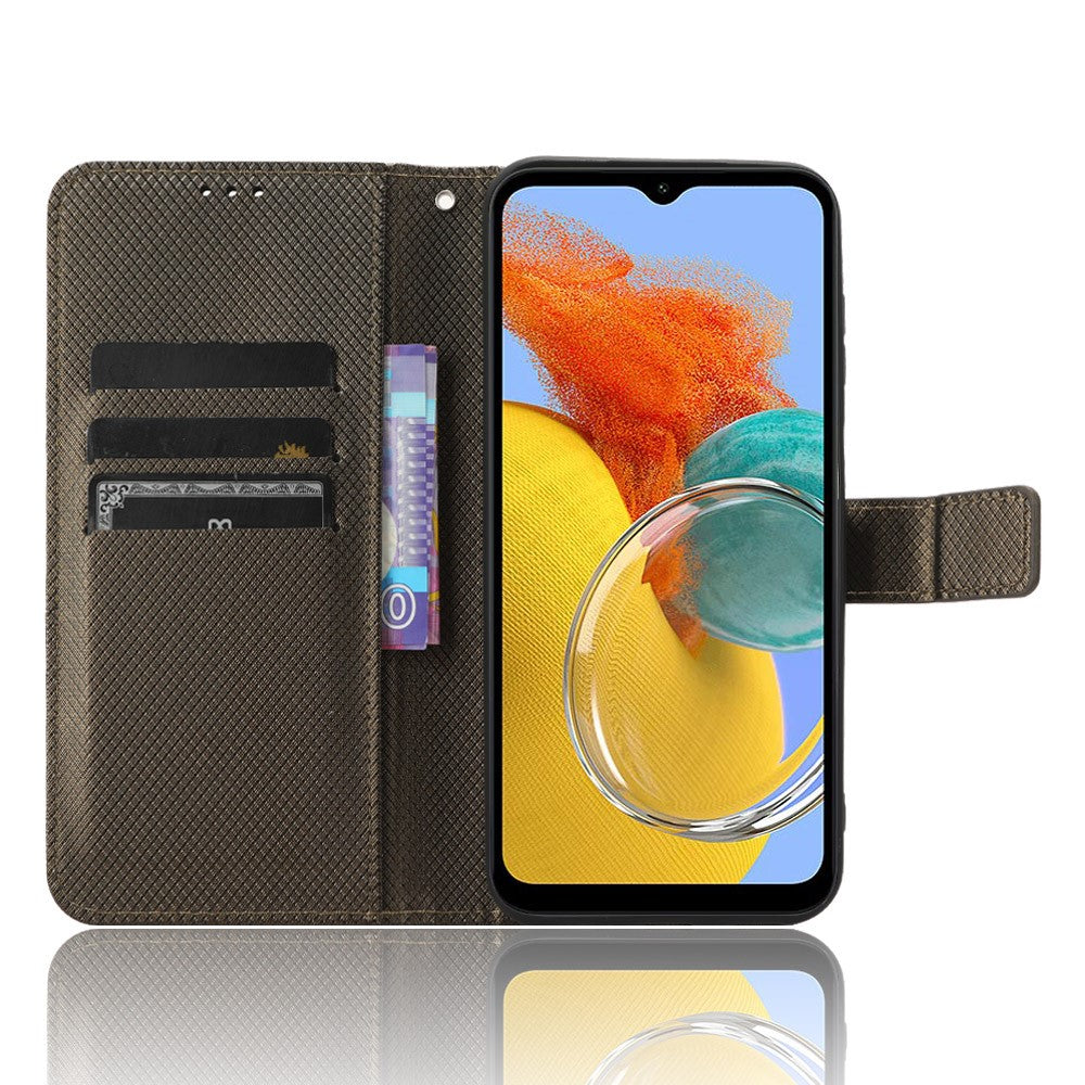 For Samsung Galaxy M14 5G Phone Leather Case Diamond Texture Stand Wallet Cell Phone Cover - Brown