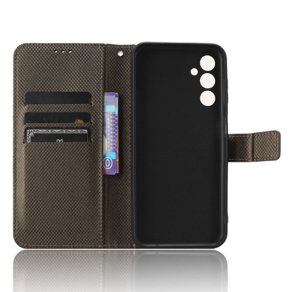 For Samsung Galaxy M14 5G Phone Leather Case Diamond Texture Stand Wallet Cell Phone Cover - Brown
