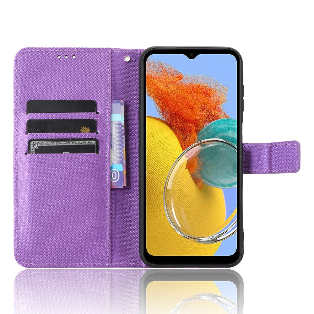 For Samsung Galaxy M14 5G Phone Leather Case Diamond Texture Stand Wallet Cell Phone Cover - Purple
