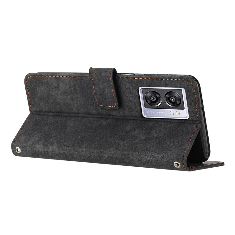 Leather Case for Oppo A57 (2022) 5G / 4G / A77 5G / Realme V23 5G Wallet Stand Phone Shell Lines Imprint Cover - Black