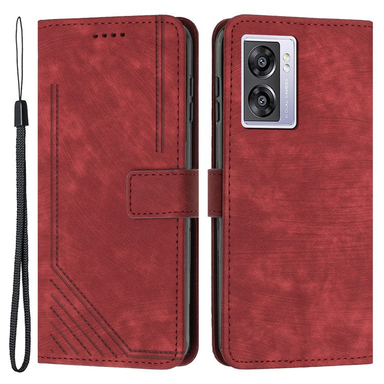 Leather Case for Oppo A57 (2022) 5G / 4G / A77 5G / Realme V23 5G Wallet Stand Phone Shell Lines Imprint Cover - Red