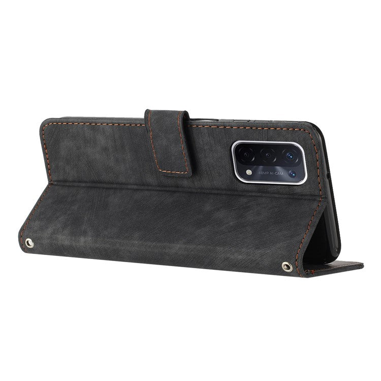 Phone Case for Oppo A74 5G / A93 5G / A54 5G Leather Wallet Stand Lines Imprint Cover - Black