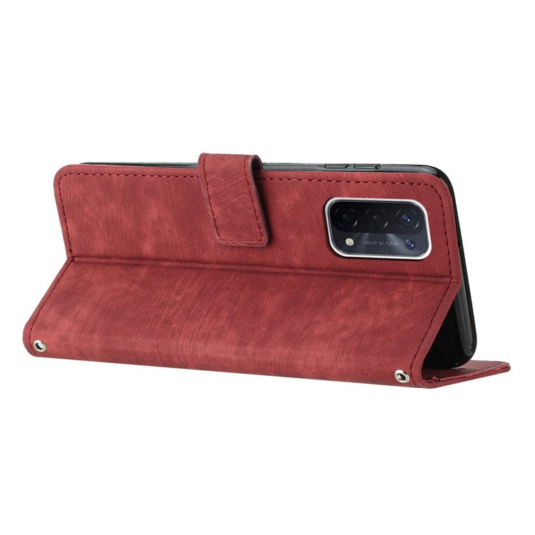 Phone Case for Oppo A74 5G / A93 5G / A54 5G Leather Wallet Stand Lines Imprint Cover - Red