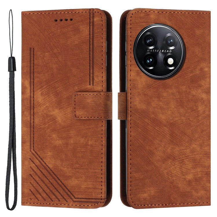 For OnePlus 11 5G Shockproof Phone Case Stand Imprinted Lines PU Leather Wallet Skin-touch Phone Cover - Brown