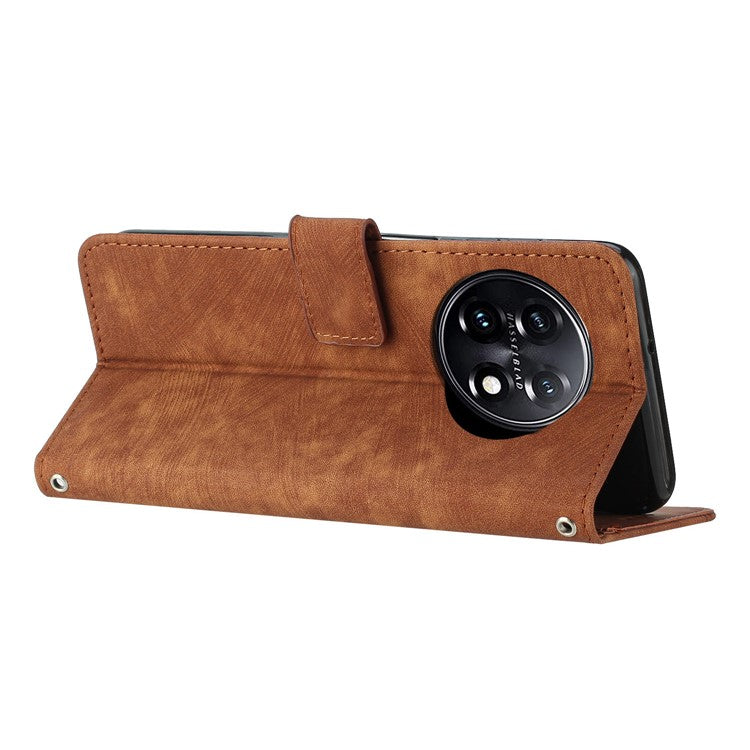 For OnePlus 11 5G Shockproof Phone Case Stand Imprinted Lines PU Leather Wallet Skin-touch Phone Cover - Brown