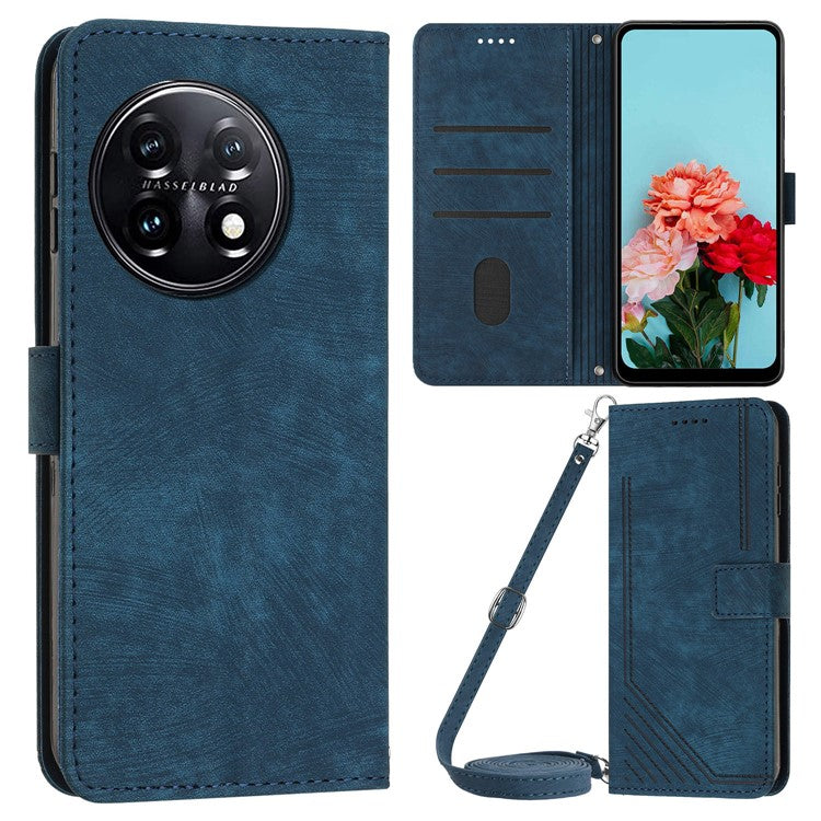 For OnePlus 11 5G PU Leather Skin-touch Wallet Case Stand Lines Imprinted TPU Inner Shell Phone Cover - Sapphire