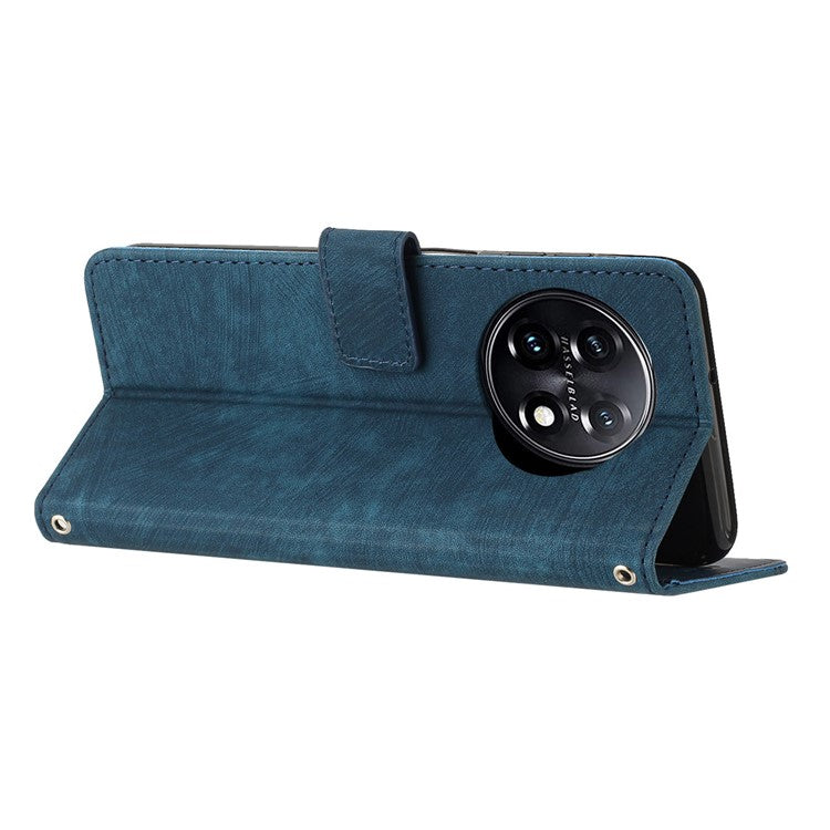 For OnePlus 11 5G PU Leather Skin-touch Wallet Case Stand Lines Imprinted TPU Inner Shell Phone Cover - Sapphire