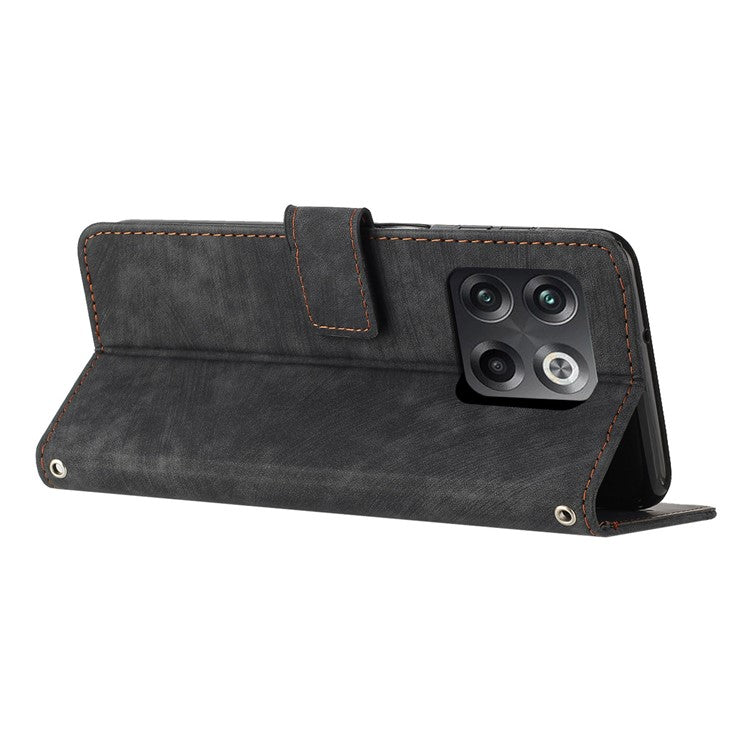For OnePlus Ace Pro 5G / 10T 5G Wallet Phone Stand Case Lines Imprinted PU Leather Cover with Straps - Black
