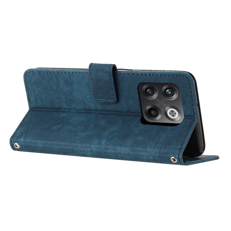 For OnePlus Ace Pro 5G / 10T 5G Wallet Phone Stand Case Lines Imprinted PU Leather Cover with Straps - Sapphire