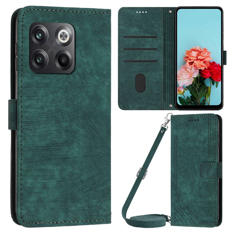 For OnePlus Ace Pro 5G / 10T 5G Wallet Phone Stand Case Lines Imprinted PU Leather Cover with Straps - Green