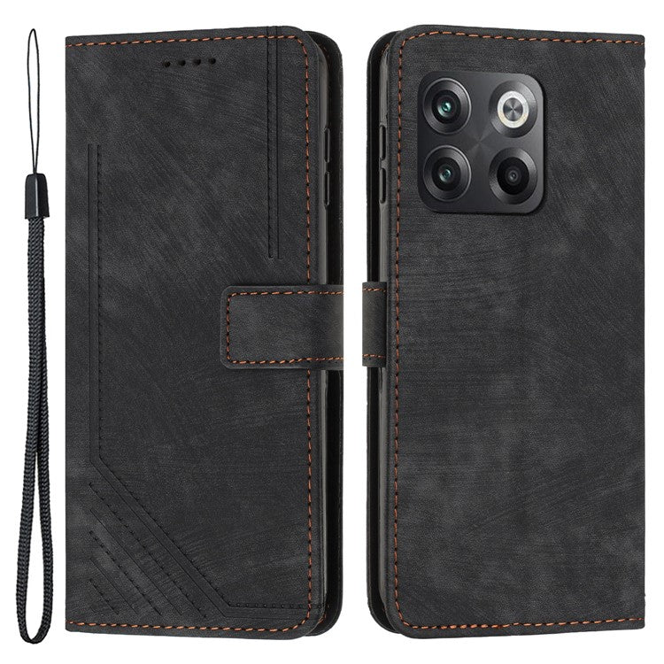 For OnePlus Ace Pro 5G / 10T 5G Imprinted Lines PU Leather Phone Cover Flip Stand Wallet Skin-touch Phone Case - Black