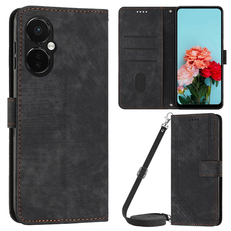 For OnePlus Nord CE3 5G PU Leather Wallet Phone Stand Case Lines Imprinted Cover with Straps - Black