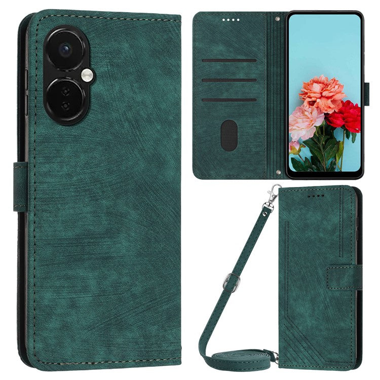 For OnePlus Nord CE3 5G PU Leather Wallet Phone Stand Case Lines Imprinted Cover with Straps - Green
